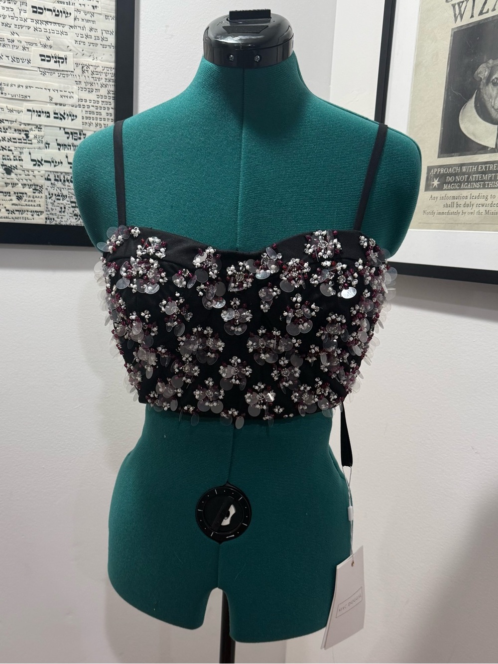 Mac Duggal R93843 ONE OF A KIND Beaded Black Floral Embellished Crop Top